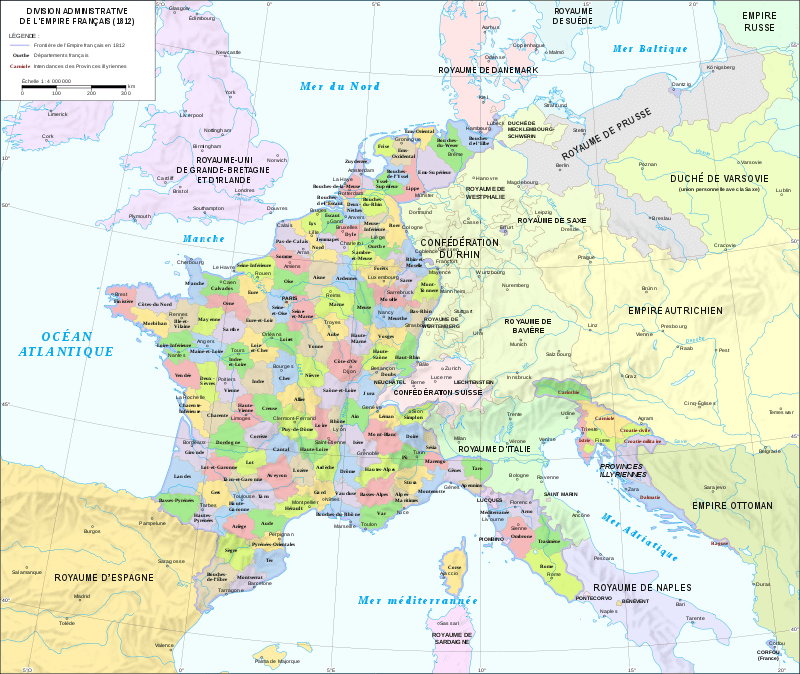 Carte des départements français en 1811 (la France en compte alors 130, sous un Premier Empire correspondant ainsi à son apogée d'extension territoriale)