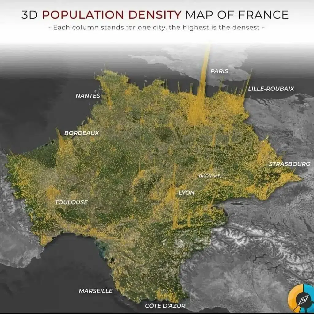 La concentration de la population de la France contemporaine (carte 3D de la densité)