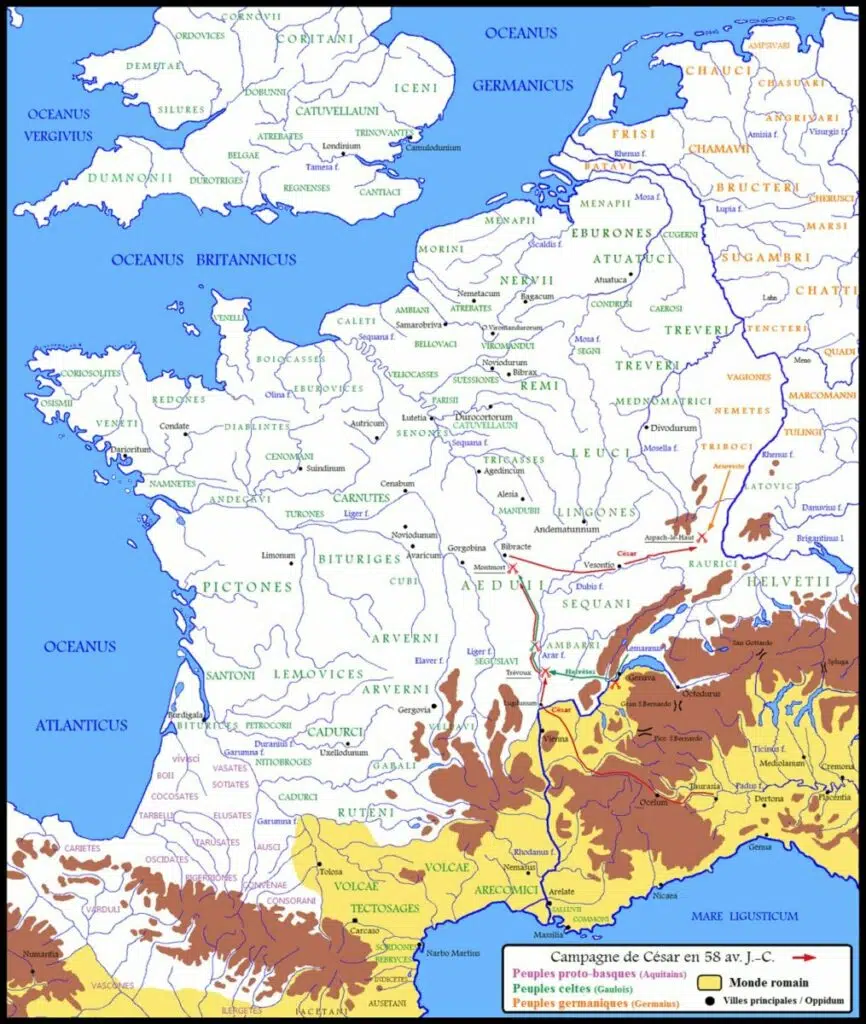 Carte des peuples et tribus de Gaule à la veille de la conquête romaine (guerre des Gaules)