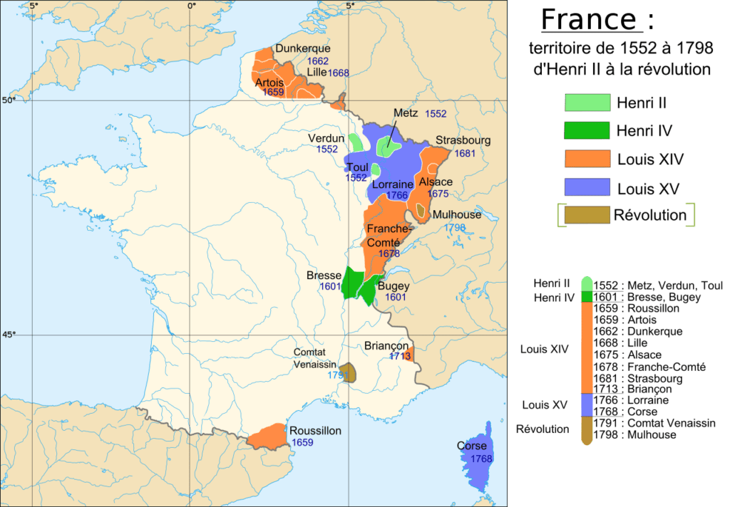 Carte représentant l'importante extension du royaume de France entre 1552 (sous Henri II) et 1798 (durant la Révolution française)