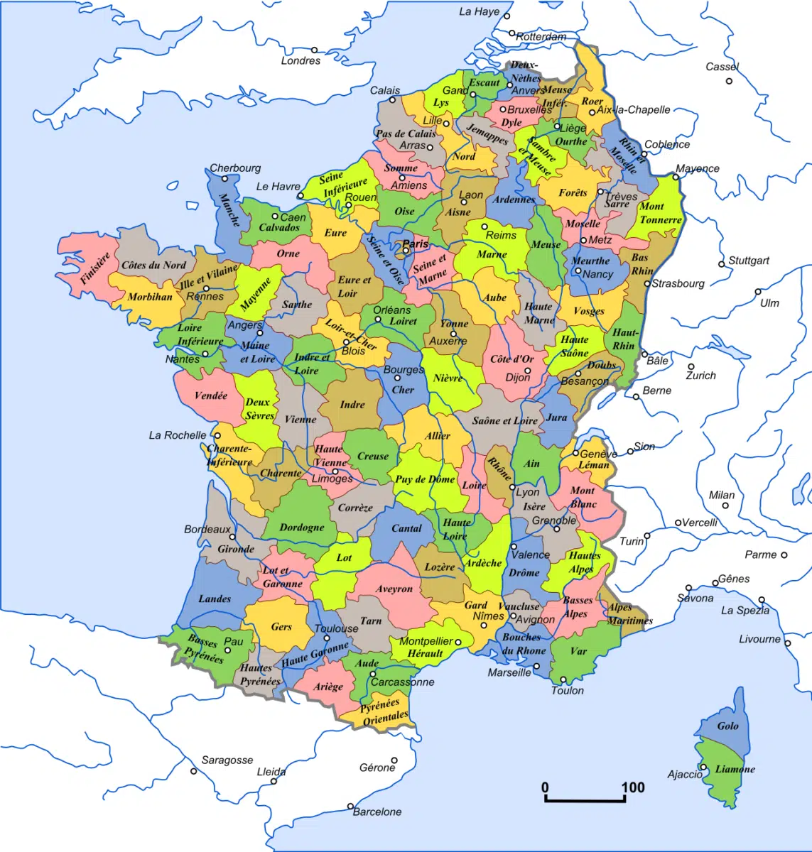 Carte des 130 départements de la France en 1811, c'est-à-dire à l'apogée du Premier Empire (et à l'expansion territoriale maximale de la France).