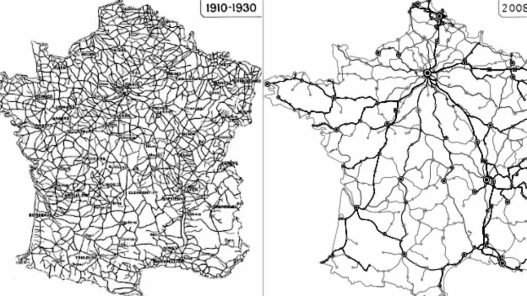 Carte représentant l'évolution du réseau de chemin de fer français entre les années 1910 et 2010 (et notamment la disparition de nombreuses « petites lignes »)