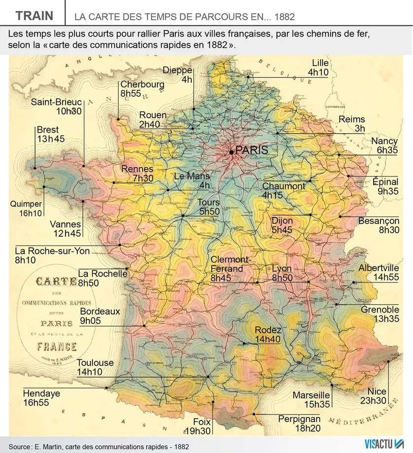 Superbe carte détaillant les temps de parcours en chemin de fer dans la France de 1882