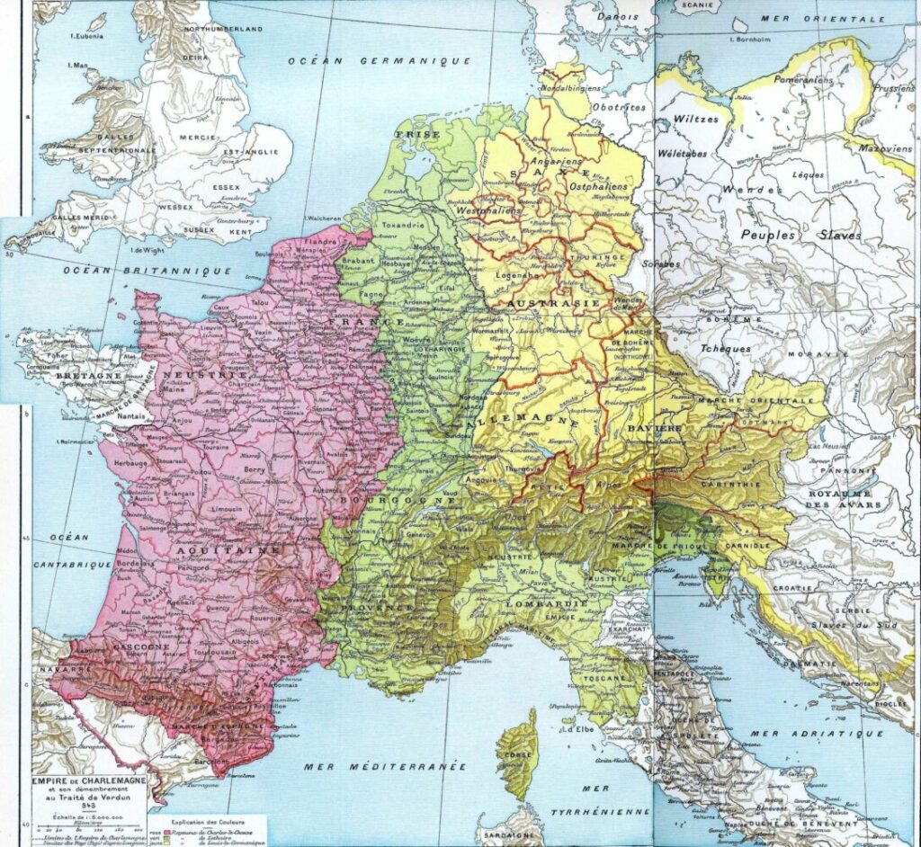 Traité de Verdun (843) : carte de la partition de l'Empire carolingien