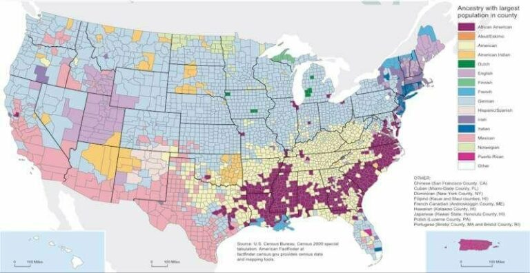Cartographie détaillant de quels pays sont majoritairement originaires les ancêtres des Américains d'aujourd'hui (origine ethnique majoritaire par comté).