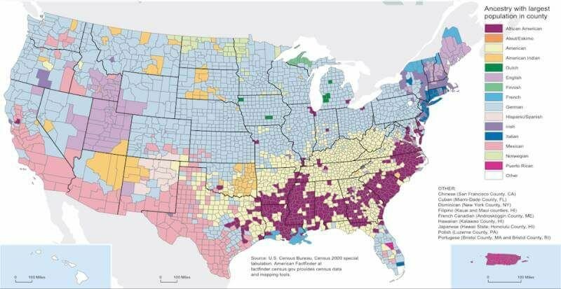 Cartographie détaillant de quels pays sont majoritairement originaires les ancêtres des Américains d'aujourd'hui (origine ethnique majoritaire par comté).