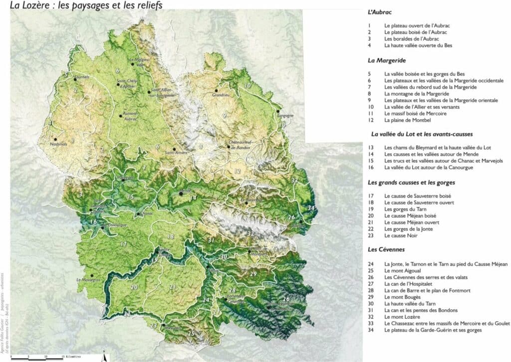 Carte en relief de la Lozère, montrant ces grandes régions naturelles et unités géomorphologiques (source de l'image : Atlas des paysages du Languedoc-Roussillon) 