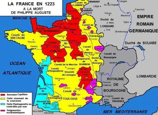 Carte du royaume de France en 1223 (à la mort de Philippe Auguste)
