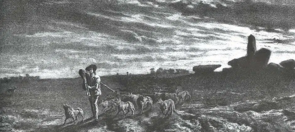 Le meneur de loups (gravure), dans le paysage de landes de granite qui est souvent associé à ces légendes
