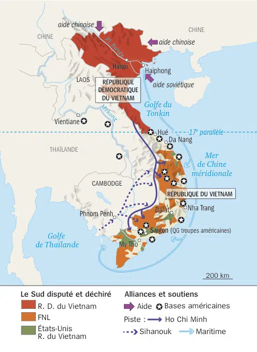 Carte de synthèse de la guerre du Viêt Nam (1955-1975), des zones contrôlées par les Américains et les troupes gouvernements de Saigon, et de celles contrôlées par le Nord Viêt Nam ou le Viêt-Cong