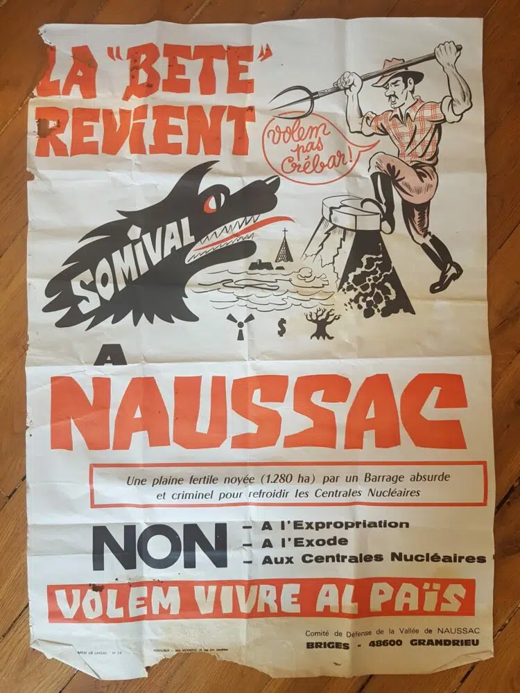 Affiche de la contestation contre la construction du barrage de Naussac (années 1970)