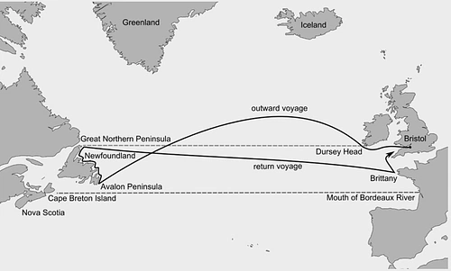 Carte de la route estimée de Jean Cabot vers Terre-Neuve