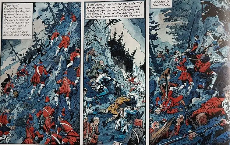 L'assaut britannique sur les falaises du Montmorency, une attaque s'inscrivant dans le cadre du siège de Québec, capitale et verrou de la Nouvelle-France (extrait de la BD « Les pionniers du Nouveau Monde », tome 5, « Le sang et la boue »)