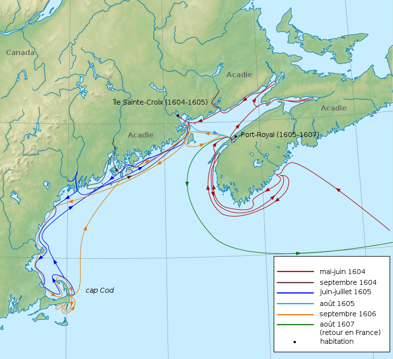 Carte de l'Acadie montrant les expéditions de Champlain et de Mons entre 1604 et 1607, ainsi que les deux établissements coloniaux fondés respectivement à l'île de Sainte-Croix et à Port-Royal