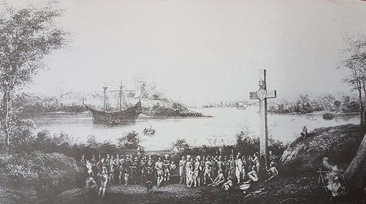 Jacques Cartier s'entretenant avec les Indiens de Stadaconé, futur Québec (second voyage, 1535)