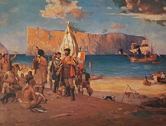 Jacques Cartier échangeant avec des Amérindiens sur les rives du golfe du Saint-Laurent (premier voyage de l'explorateur français au Canada)