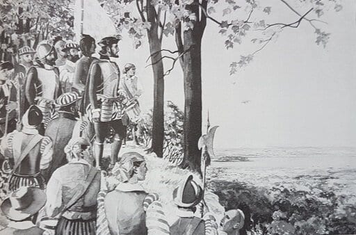 Cartier contemplant Hochelaga et le Saint-Laurent du haut du Mont-Royal, futur Montréal (second voyage, 1535)