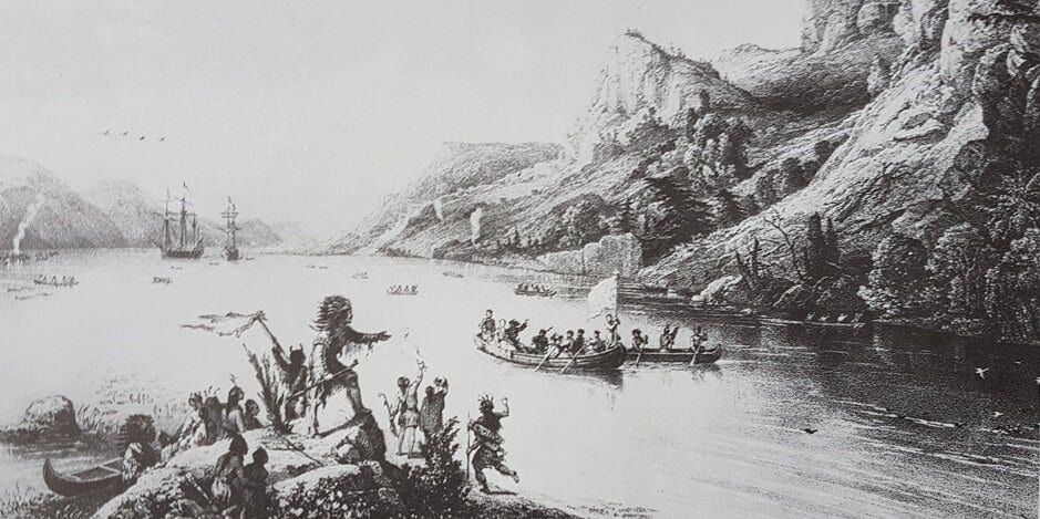 Cartier et ses hommes remontant le Saint-Laurent vers le village d'Hochelaga, futur Montréal (1535)