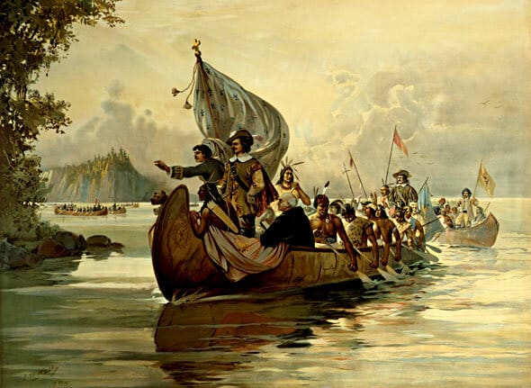 Peinture montrant Champlain en expédition dans la baie Georgienne (Grands Lacs)