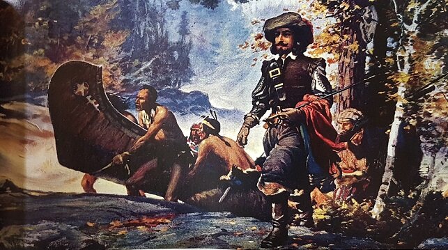 Peinture montrant Champlain en pleine expédition avec ses accompagnants amérindiens