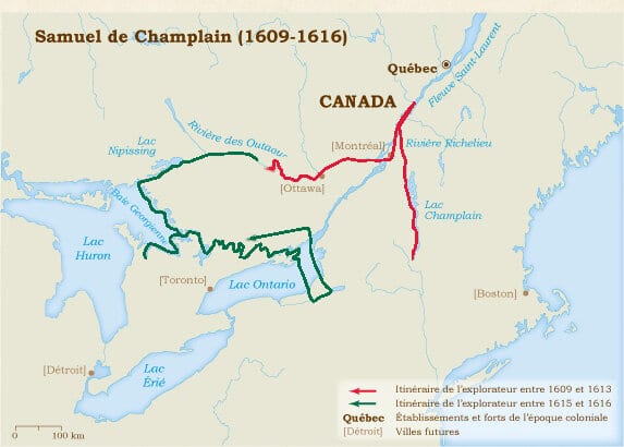 Les expéditions menées par Samuel de Champlain entre 1609 et 1616 (premier européen connu à avoir atteint et exploré les Grands Lacs.. !) 