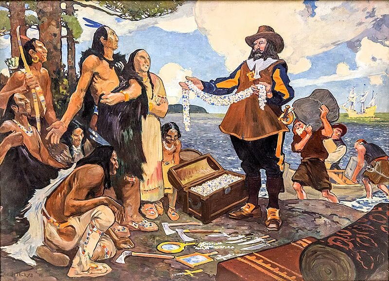 Samuel de Champlain négociant avec des Amérindiens à Tadoussac, en 1603 (peinture moderne)