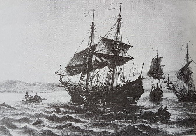 Les trois navires (la Petite Hermine, la Grande Hermine et l'Emerillon) du second voyage de Cartier