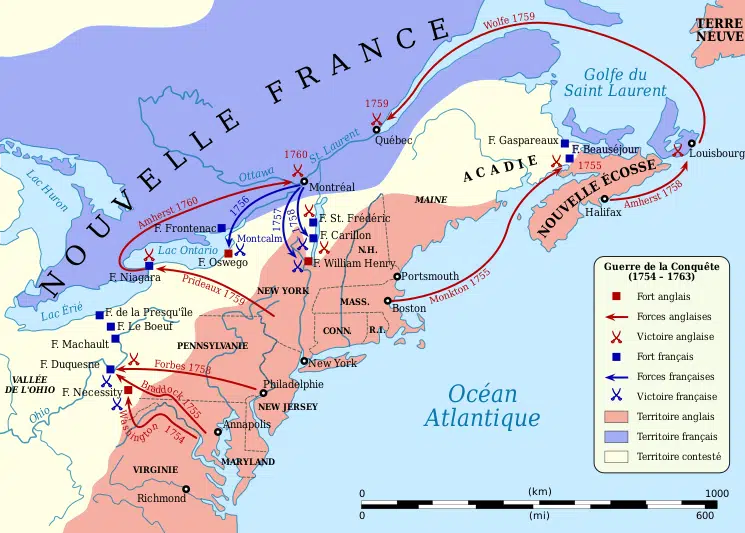 Carte de la guerre de la Conquête (invasion et conquête du Québec par les Anglais)