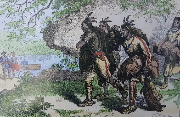 Illustration du troc de fourrures entre Amérindiens et Français au Canada