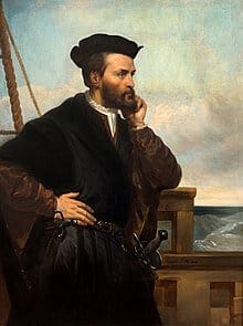 Jacques Cartier, célèbre navigateur originaire de Saint-Malo, explorateur du Canada et fondateur de la future colonie de la Nouvelle-France (vue d'artiste de Théophile Hamel, 1844)