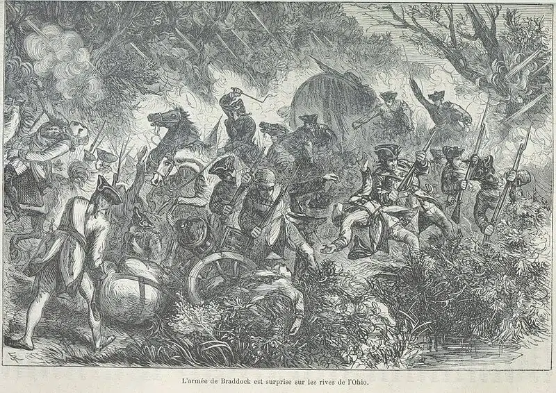 L'armée de Braddock surprise lors de la bataille de la rivière Monongahela, un des affrontements majeurs de la guerre de la Conquête en Nouvelle-France