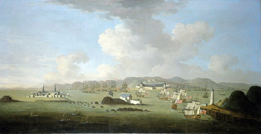Le siège de Louisbourg, épisode-clé de la guerre de Sept Ans et de la guerre de la Conquête, qui ouvre aux Britanniques la porte de la Nouvelle-France (peinture anglaise du XVIIIe siècle)