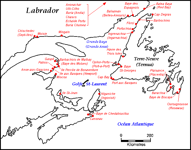 Cartographie des postes de pêches dans le golfe du Saint-Laurent au XVIe et XVIIe siècles