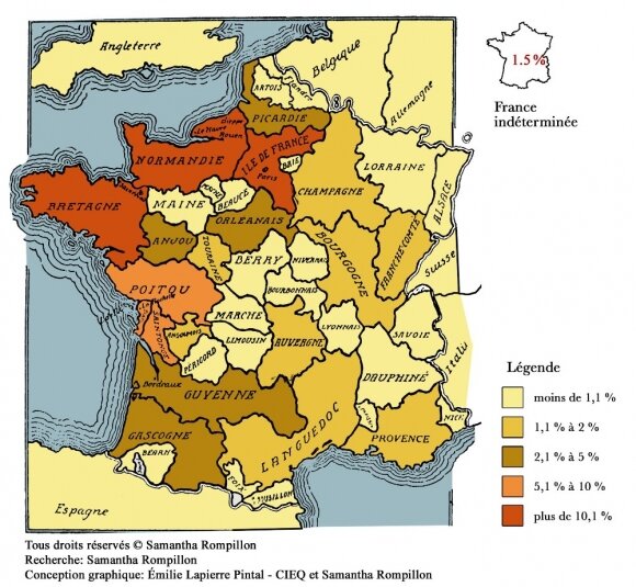 Carte des provinces d'origine des émigrants français en Nouvelle-France
