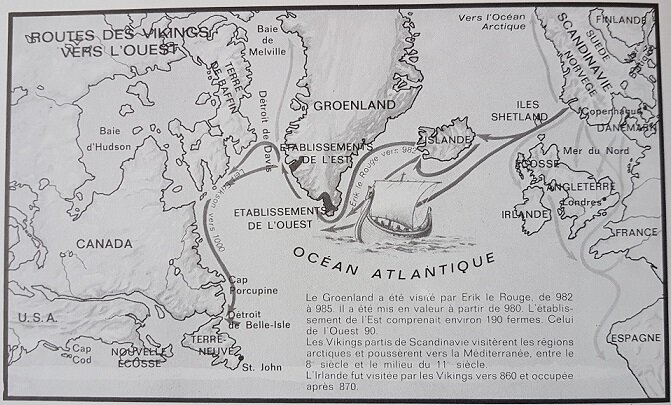 Carte illustrant la route probable des Vikings vers l'Ouest, à travers l'Atlantique (exploration et colonisation de l'Islande, puis du Groënland, puis du Labrador et de Terre-Neuve) 