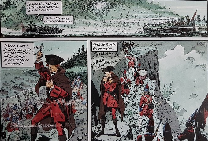 James Wolfe supervisant le débarquement de l'anse au Foulon, prélude à la bataille des plaines d'Abraham, qui débouchera sur la prise de Québec par les Britanniques (extrait de la BD « Les pionniers du Nouveau Monde », tome 6, « La mort du loup ») 