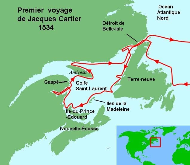 Carte du trajet du premier voyage de Jacques Cartier dans le golfe du Saint-Laurent (1534)