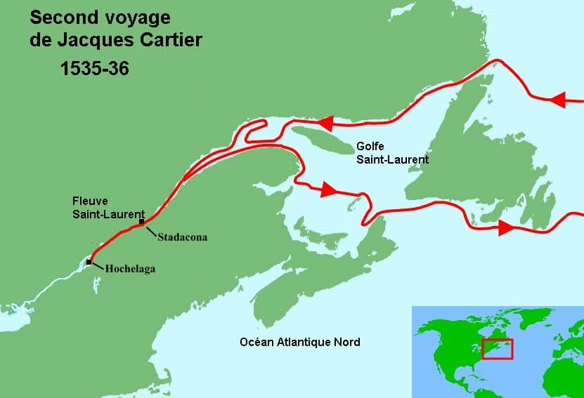 Carte du trajet du second voyage de Jacques Cartier dans le golfe du Saint-Laurent (1535)