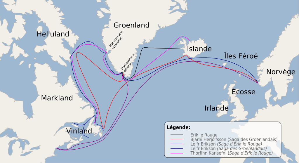 Carte illustrant la route probable des Vikings vers l'Ouest, à travers l'Atlantique (exploration et colonisation de l'Islande, puis du Groënland, puis du Labrador et de Terre-Neuve) 