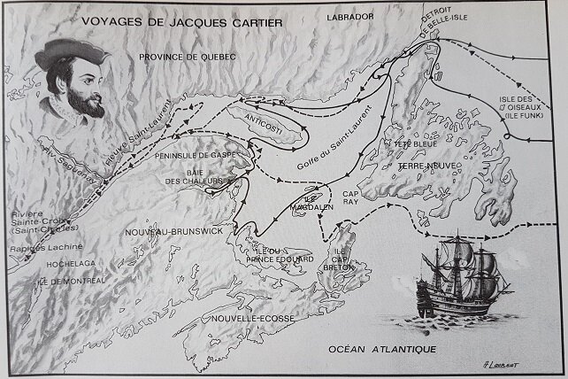 Carte récapitulative des trois voyages de Cartier au Canada (exploration du golfe et du fleuve du Saint-Laurent, et prise de possession de ce dernier au nom du royaume de France)