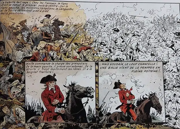 La mort de James Wolfe durant la bataille des plaines d'Abraham, qui débouchera sur la prise de Québec par les Britanniques (extrait de la BD Les pionniers du Nouveau Monde, tome 6, « La mort du loup ») 