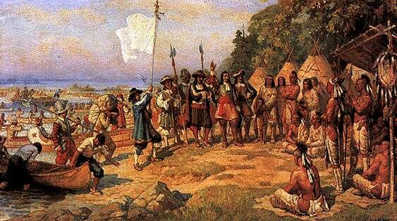 Les pourparlers de Tadoussac, en vue de l'établissement de la Grande Alliance par Samuel de Champlain (gravure d'époque)