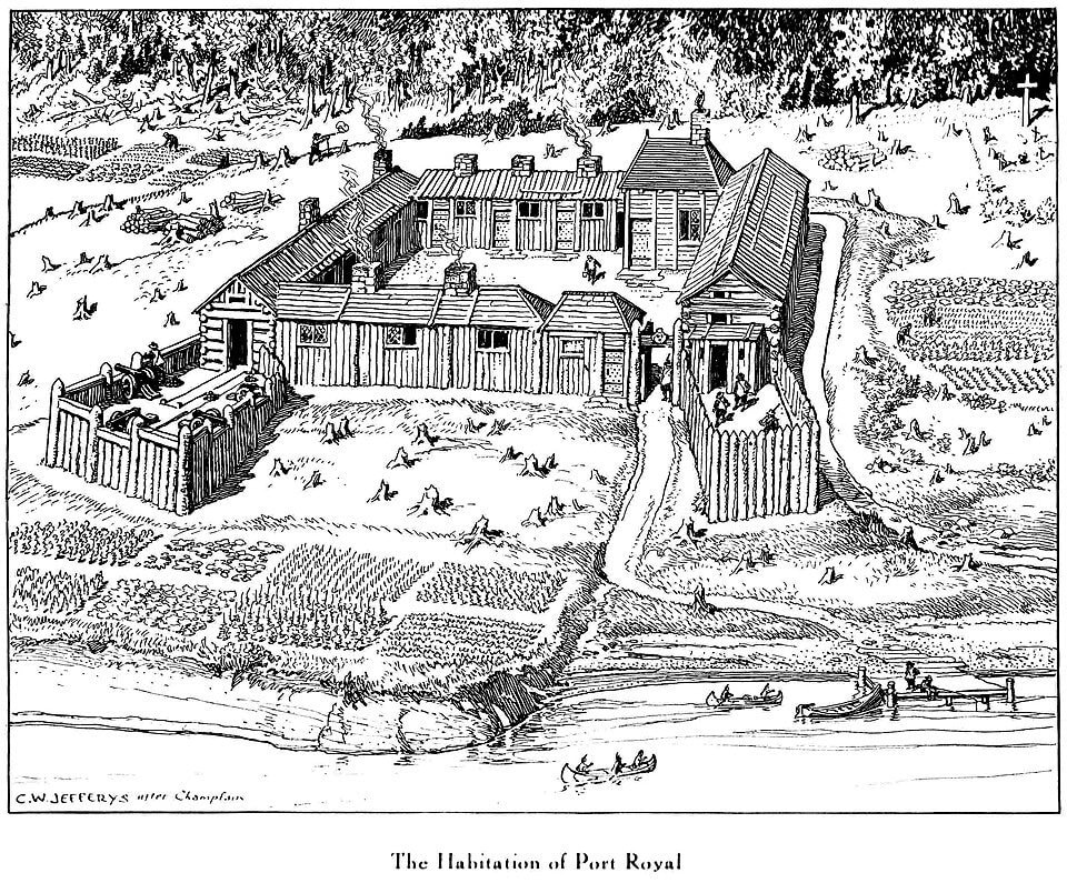 L'habitation de Port-Royal, qui abrita les hommes de Champlain durant les hivers de 1606 et 1607 (comptant parmi les premiers établissements coloniaux de la Nouvelle-France)