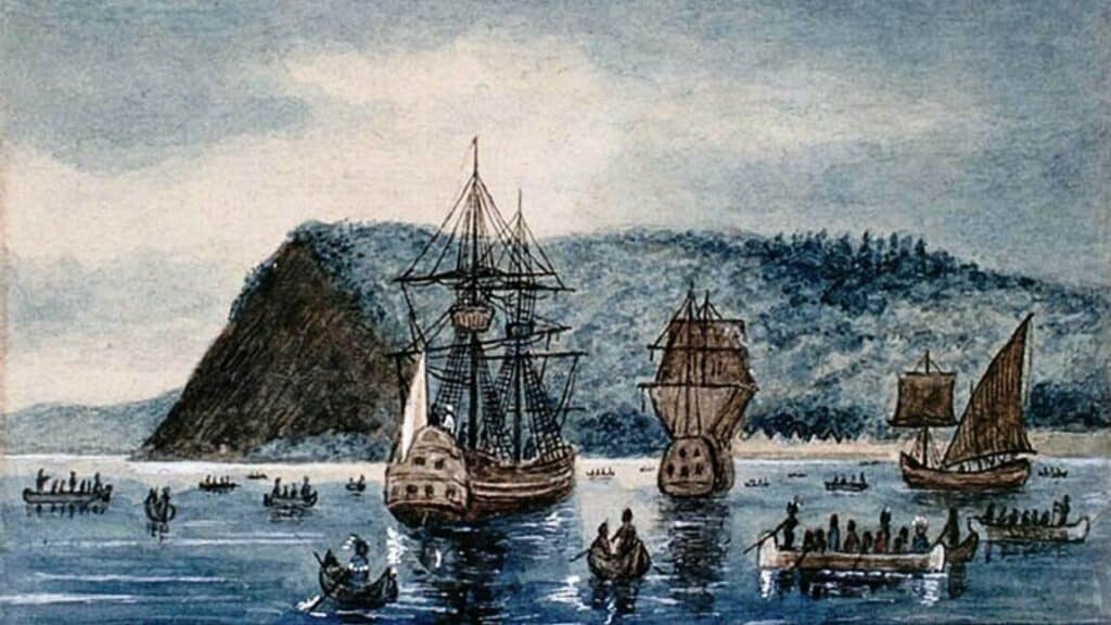 Les trois navires du second voyage du célèbre navigateur français Jacques Cartier mouillant devant Stadaconé (1535)