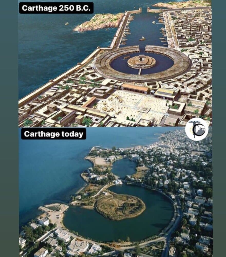 Modélisation du port de Carthage à la période de la première guerre punique, mis en perspective avec l'apparence du lieu aujourd'hui