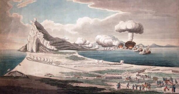 Panorama d'une des attaques (1782) du Grand Siège de Gibraltar, une opération conjuguée navale et terrestre franco-espagnole de grande envergure visant à reprendre la place forte aux Britanniques durant la guerre d'Indépendance américaine (objet d'une autre série d'articles accessible ici), et qui se soldera par un échec.