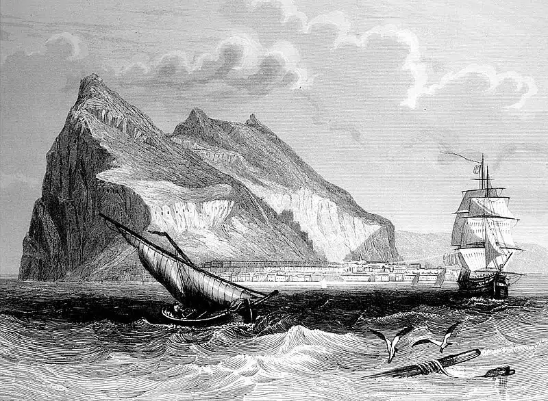Gravure représentant une vue du rocher de Gibraltar depuis le nord (1852)