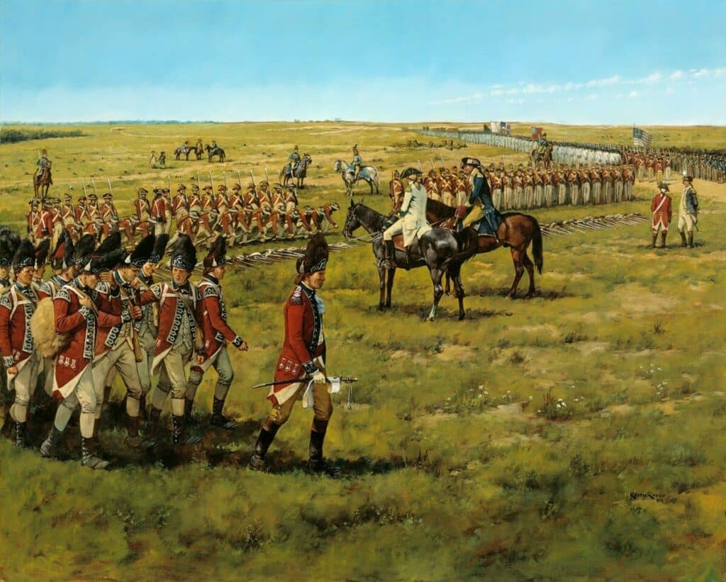 Reddition des Britanniques, défilant entre les troupes françaises et américaines, suite au siège de Yorktown (1781)