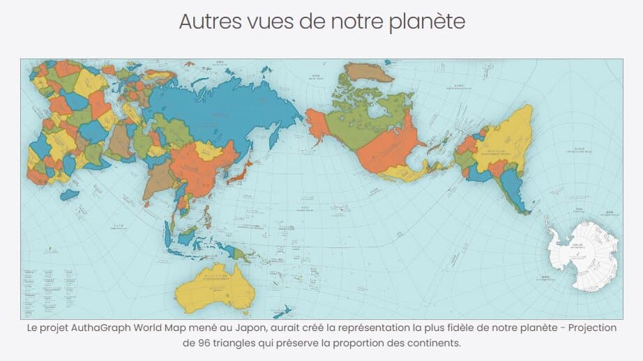 Planisphère du projet Authagraph World Map, mené au Japon (la représentation la plus fidèle de notre planète, via une projection de 96 triangles qui préserve la proportion des continents)