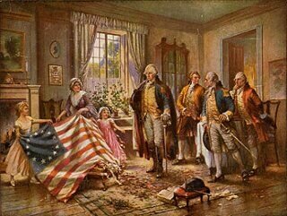 Betsy Ross présentant le drapeau américain ("Stars and Stripes") à George Washington 